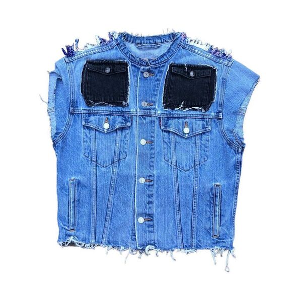 VINTAGE 2004 Levi's Patchwork Denim Jacket Vest Blue Small - Picture 8 of 16